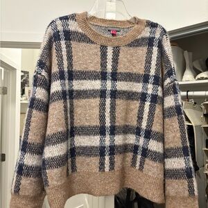 Vince Camuto Plaid Crew Neck Sweater in Tan and Navy